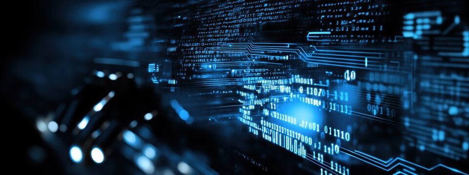 Digital technology, binary code stream, glowing blue data, futuristic interface, abstract cyber landscape, information flow, network connections, technological background, digital transformation, data