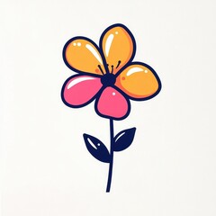 Bright and Cheerful Flower Illustration Featuring Vibrant Petals in Orange, Yellow, and Pink, with a Simple Black Outline and Green Leaves Set Against a Neutral Background