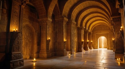 Fototapeta premium Ancient Stone Corridor with Arched Ceilings and Candlelit Ambiance
