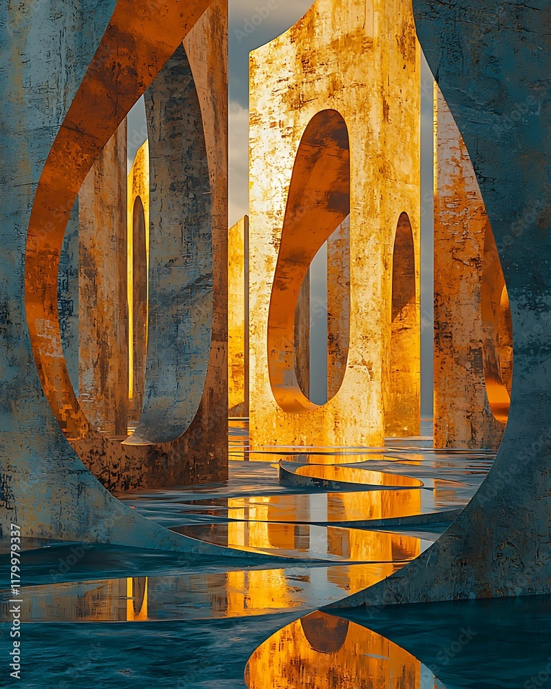 Wall mural a stunning abstract scene featuring archways reflecting in water, illuminated by golden light, creat