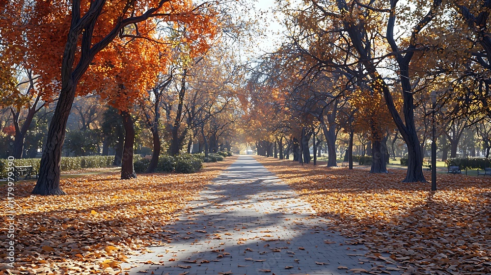 Wall mural a serene pathway lined with autumn trees, showcasing vibrant orange and yellow leaves, creating a pi