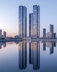 Obraz premium A serene urban skyline features tall glass buildings reflecting in calm water during twilight.