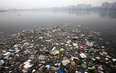Overhead view of polluted lake or river waters, with plastic and trash floating, emphasizing the urgent need for addressing water pollution