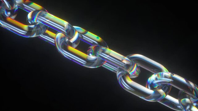 3d glass chain broken with transparent links rotating on black background, with iridescent reflections. Concept of fragility and weakness