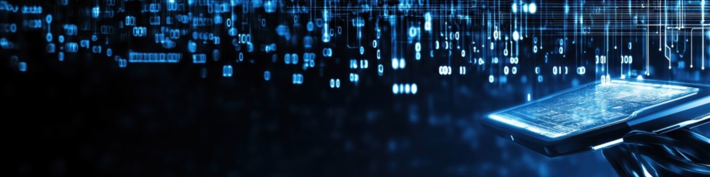 Digital technology, binary code stream, glowing blue data, futuristic interface, abstract cyber landscape, information flow, network connections, technological background, digital transformation, data