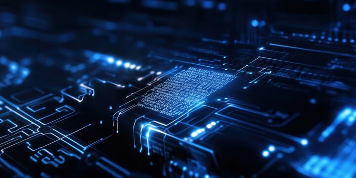 Digital technology, binary code stream, glowing blue data, futuristic interface, abstract cyber landscape, information flow, network connections, technological background, digital transformation, data