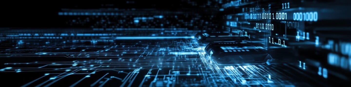 Digital technology, binary code stream, glowing blue data, futuristic interface, abstract cyber landscape, information flow, network connections, technological background, digital transformation, data