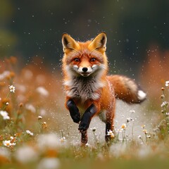 Fototapeta premium Red Fox Running Through Wildflowers Joyful Nature Scene