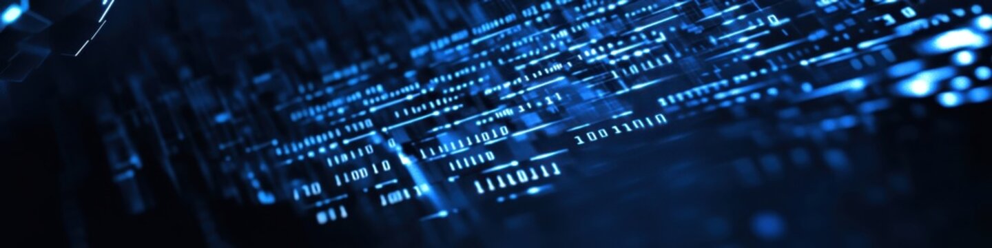 Digital technology, binary code stream, glowing blue data, futuristic interface, abstract cyber landscape, information flow, network connections, technological background, digital transformation, data