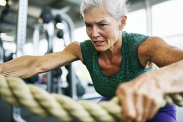 Fototapeta premium Caucasian woman engages in circuit training with ropes inside a modern gym