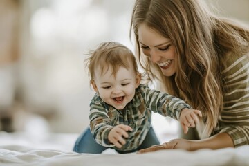 Obraz premium Joyful moments of a young mother playing with her baby on a white bed in a bright bedroom