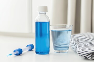 Methylene blue in a bottle alongside a glass of water and a pipette on a white surface