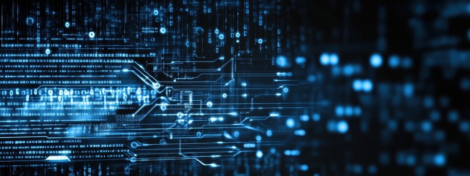 Digital technology, binary code stream, glowing blue data, futuristic interface, abstract cyber landscape, information flow, network connections, technological background, digital transformation, data