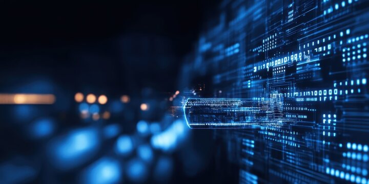 Digital technology, binary code stream, glowing blue data, futuristic interface, abstract cyber landscape, information flow, network connections, technological background, digital transformation, data