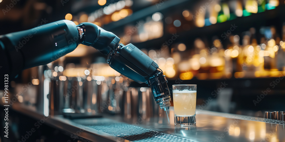 Poster robotic arm skillfully serves freshly prepared drink in modern bar, showcasing advanced automation technology in sleek and vibrant setting