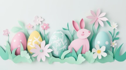 Obraz premium Colorful paper decorations for Easter featuring eggs and a bunny surrounded by flowers and greenery