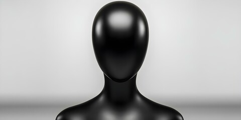 A smooth, featureless black mannequin head and neck against a gradient gray background. Concept Black Mannequin Head, Gradient Gray Background, Minimalist Display, Fashion Photography