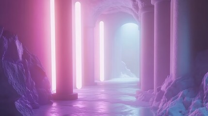 Neon Lit Cave Passageway With Columns and Rocks