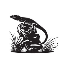 Lizard on a rock silhouette vector liner art illustration black color design and solid white background