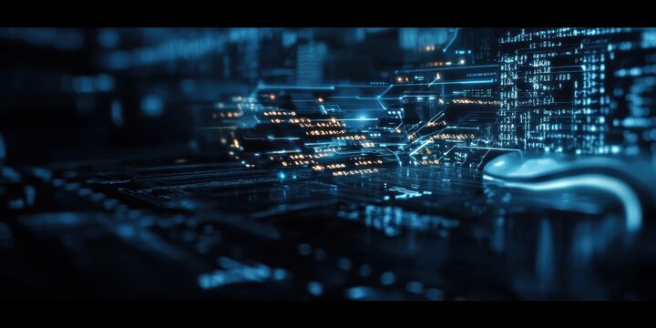 Digital technology, binary code stream, glowing blue data, futuristic interface, abstract cyber landscape, information flow, network connections, technological background, digital transformation, data