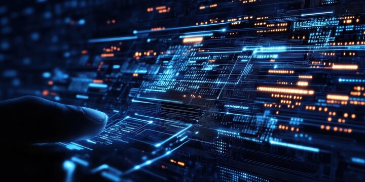 Digital technology, binary code stream, glowing blue data, futuristic interface, abstract cyber landscape, information flow, network connections, technological background, digital transformation, data