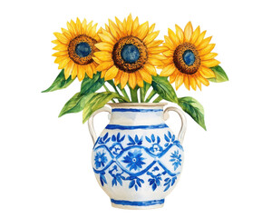 Obraz premium Three vibrant sunflowers in a decorative blue and white vase.