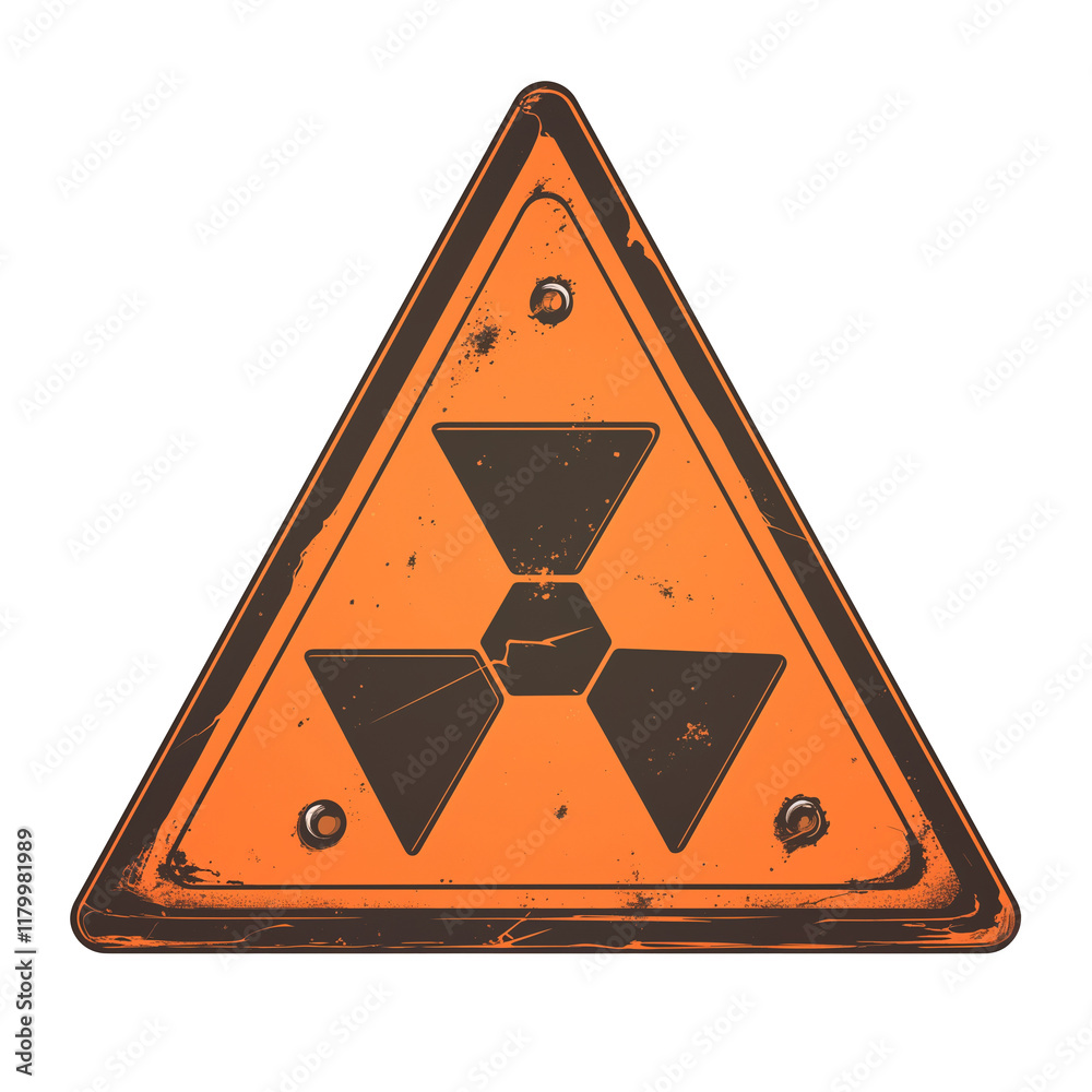 Poster grungy orange radiation warning symbol with distressed texture and neon effect, isolated on transpar