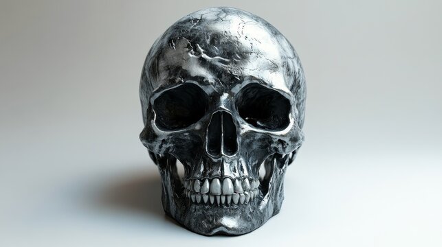 A skull with a silver tint and a white background