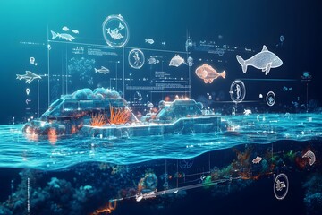 Futuristic Digital Layout of an Underwater Research Base with Marine Life Icons and a Gradient Blue Ocean Background
