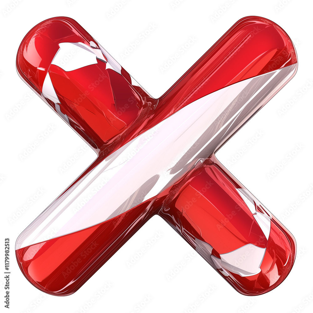 Poster glossy red and white striped x symbol with reflective texture and modern design