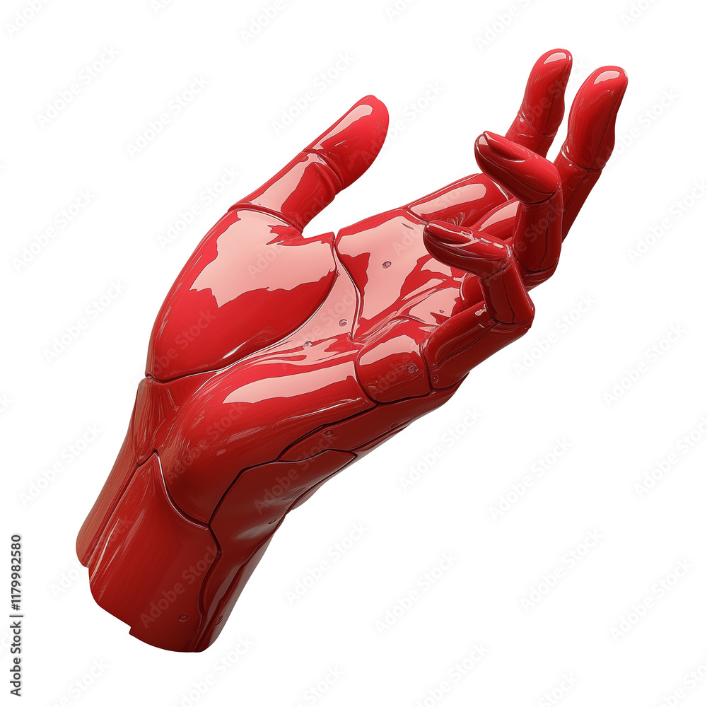 Poster glossy red plastic hand with futuristic design, featuring smooth curves and segmented details, isolated on transparency background