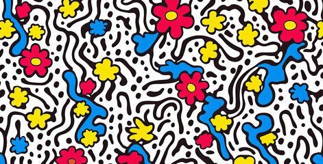 Obraz premium Abstract floral pattern with colorful blossoms and black lines, suitable for background