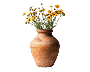 Vase with yellow flowers, rustic clay pot on white isolated background.