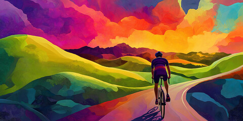 Fototapeta premium Cyclist riding through colorful hills under a vivid, abstract sky, representing adventure, creativity, and the joy of outdoor exploration for artistic, travel, or motivational content