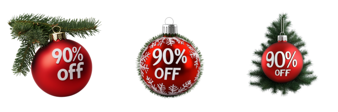 Set of A winter scene with a beautifully decorated Christmas tree adorned with red balls 90% off sing on transparent png background