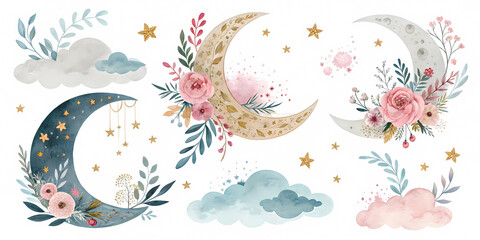 Obraz premium Mystic sky elements with moon and floral accents for design and decor inspiration.