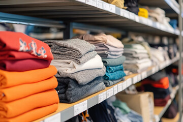 Colorful stacks of sweaters displayed neatly on shelves in a retail store inviting shoppers during a cool season