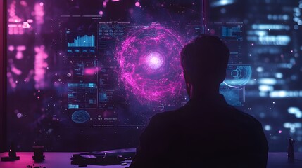Fototapeta premium Person Viewing Futuristic Data On A Large Screen