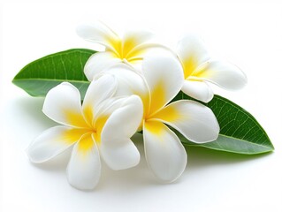 Fototapeta premium Serene White Plumeria Blossoms with Lush Green Leaves on White Background