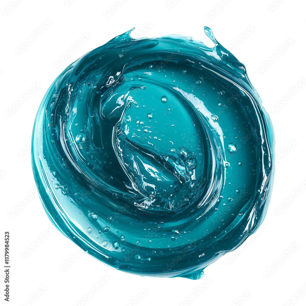 Poster top view of teal colored gel with glossy texture and air bubbles, isolated on transparency background, creating vibrant and dynamic visual effect