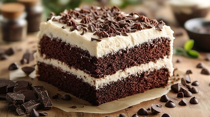 delicious-looking chocolate cake with a creamy white frosting and chocolate chips sprinkled on top