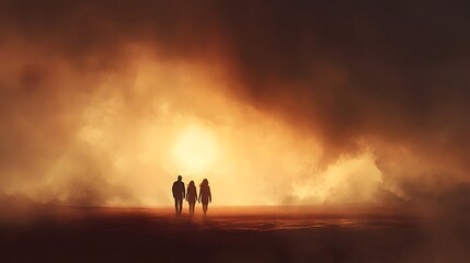 Naklejka premium Silhouetted figures walk towards a hazy sunset