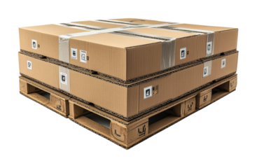 Cardboard box stacked on pallet warehouse high fidelity clean environment top-down view shipping concept isolated on transparent background png