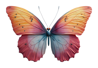 Delicate animated butterfly with colorful clay wings high fidelity nature scene artistic viewpoint isolated on transparent background png