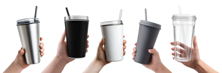 Collection set of hand holding Tumbler Thermos Reusable water bottle with straw and lid in different angle on transparent cutout PNG. Many classic style and pose. Mockup template for design	
