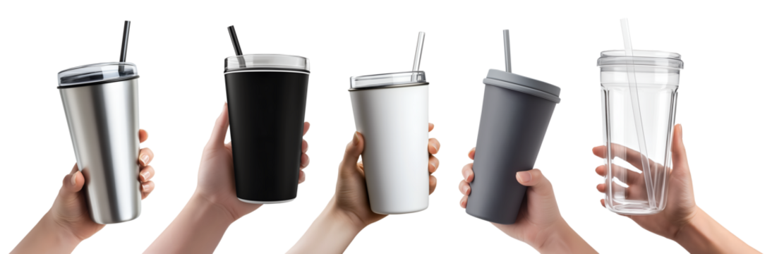 Collection set of hand holding Tumbler Thermos Reusable water bottle with straw and lid in different angle on transparent cutout PNG. Many classic style and pose. Mockup template for design	

