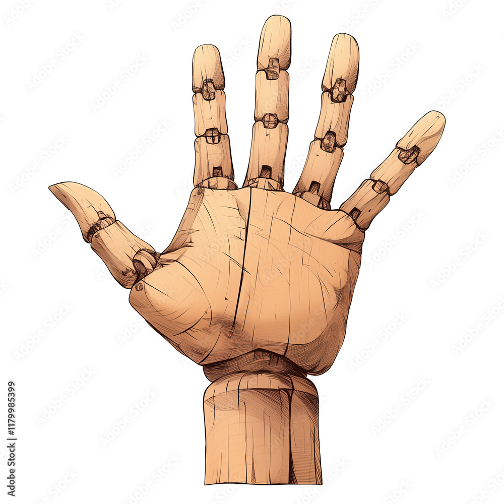 Poster wooden hand with rustic finish, featuring detailed joints and natural texture, isolated on transpare