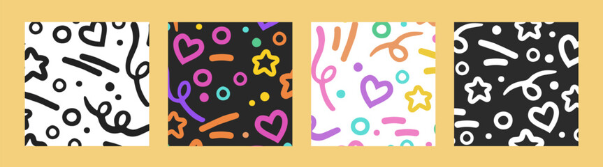 Vibrant playful set. Colorful doodle line art seamless pattern set. Vector bright background