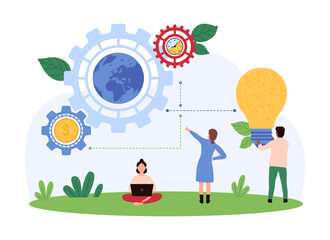 Global innovation, project development, machine learning. Tiny people connect blue Earth globe inside gear and yellow light bulb with circuit, innovate smart solution cartoon vector illustration