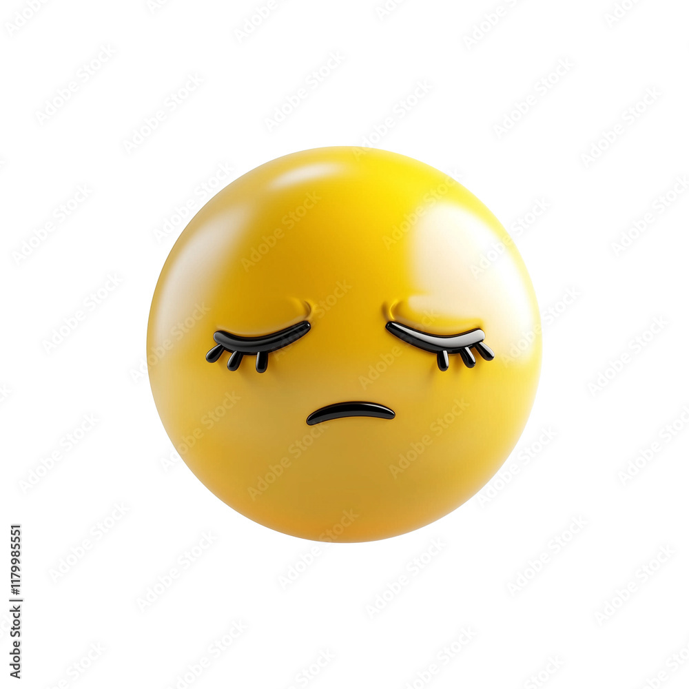 Poster 3d sad emoji in hazy yellow with closed eyes, isolated on transparency background, expressing sorrow